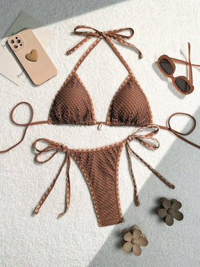 Biquíni liso GLOZIFY com amarração no pescoço e calcinha ajustável, ideal para praia e verão