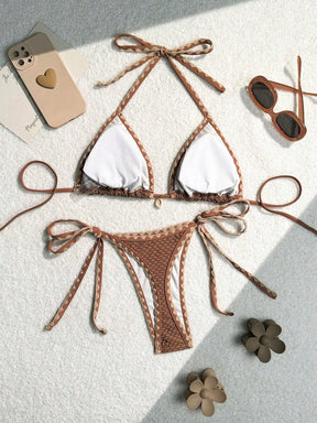 Biquíni liso GLOZIFY com amarração no pescoço e calcinha ajustável, ideal para praia e verão