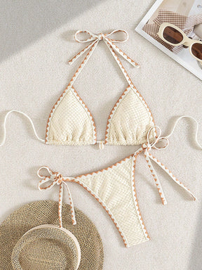 Biquíni liso GLOZIFY com amarração no pescoço e calcinha ajustável, ideal para praia e verão
