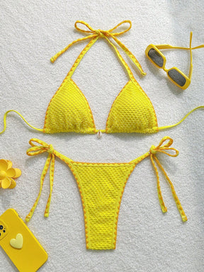 Biquíni liso GLOZIFY com amarração no pescoço e calcinha ajustável, ideal para praia e verão
