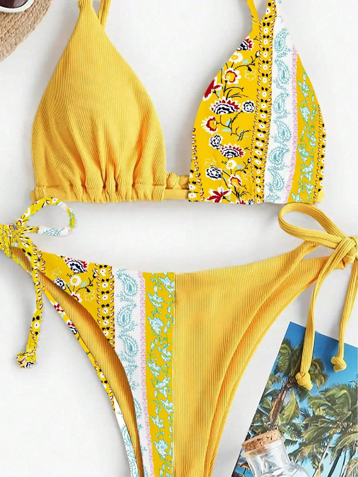 Glozify Swim Vcay: Impressão Floral Triângulo Lado do Laço Maiô Bikini - Glozify